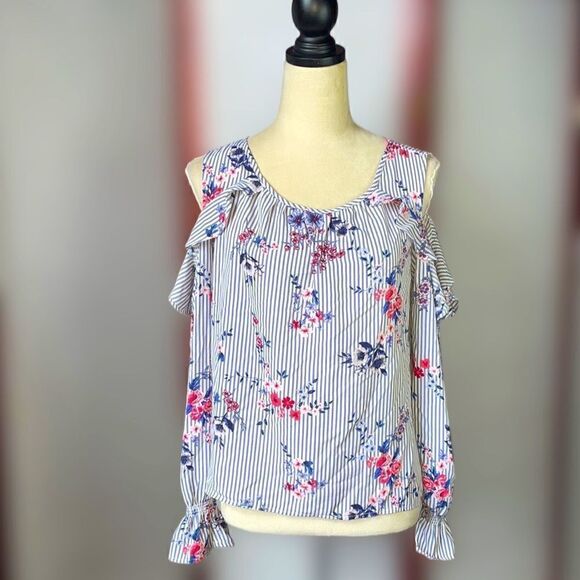 Xhilaration Blue & White Striped Cold Shoulder Floral RuffleTop (Size: M) - Picture 4 of 12